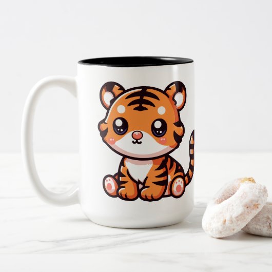 Schattigee baby zittende tijger cartoon tweekleurige koffiemok (Met donut)