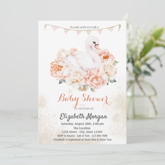 Schattigee Baby zwaan Rozen Baby shower Kaart (Staand voorkant)