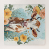 Schattigee babydieren | Schattige Koe Kalf Bloemen Legpuzzel (Horizontaal)