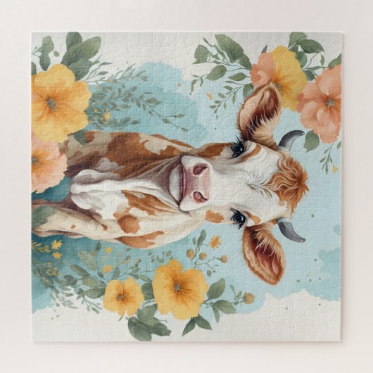 Schattigee babydieren | Schattige Koe Kalf Bloemen Legpuzzel (Horizontaal)