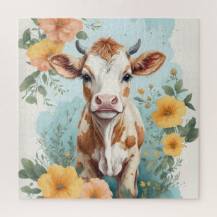 Schattigee babydieren Schattige Koe Kalf Bloemen Legpuzzel