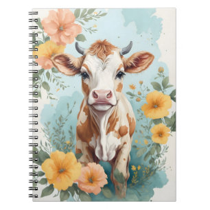 Schattigee babydieren   Schattige Koe Kalf Bloemen Notitieboek