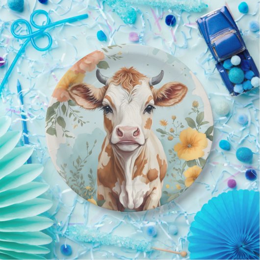 Schattigee babydieren | Schattige Koe Kalf Bloemen Papieren Bordje (Feest)