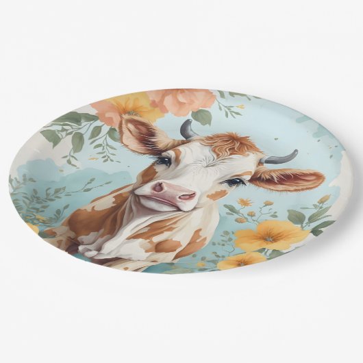 Schattigee babydieren | Schattige Koe Kalf Bloemen Papieren Bordje (Gekanteld)