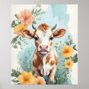 Schattigee babydieren   Schattige Koe Kalf Bloemen Poster