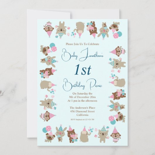 Schattigee babydieren vieren 1e verjaardag picknic kaart (Voorkant)