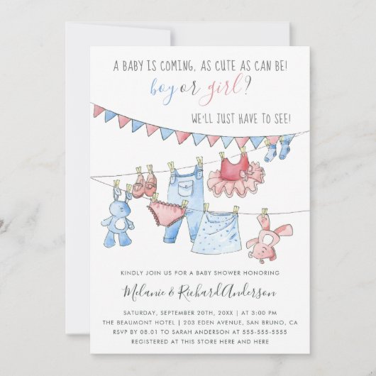 Schattigee babykleding gender reveal party Baby sh Kaart (Voorkant)