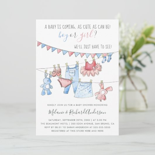 Schattigee babykleding gender reveal party Baby sh Kaart (Staand voorkant)