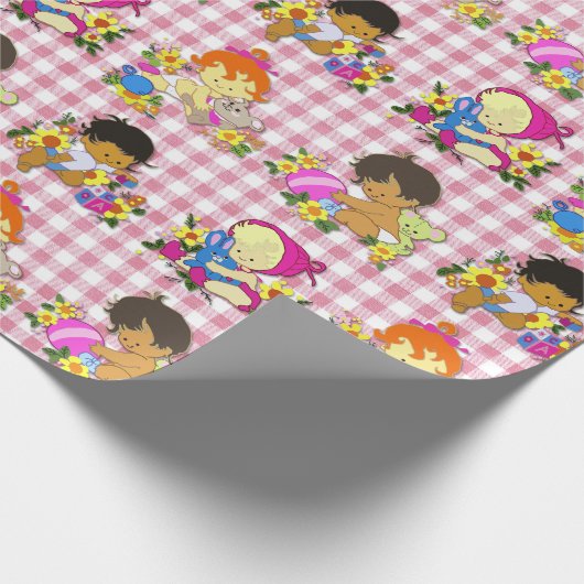 Schattigee Baby's Retro Kleurrijke Roze Plaid Cadeaupapier (Hoek)