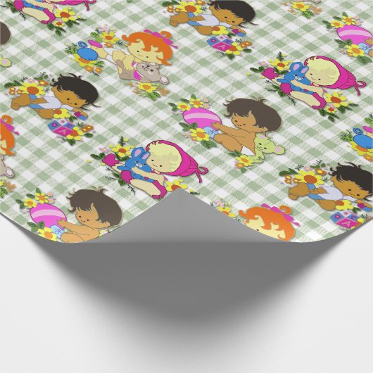 Schattigee Baby's Retro Kleurrijke Sage Green Plai Cadeaupapier (Hoek)