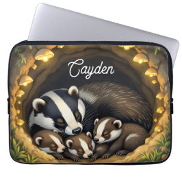 Schattigee Badger Familie Gepersonaliseerd Laptop Sleeve