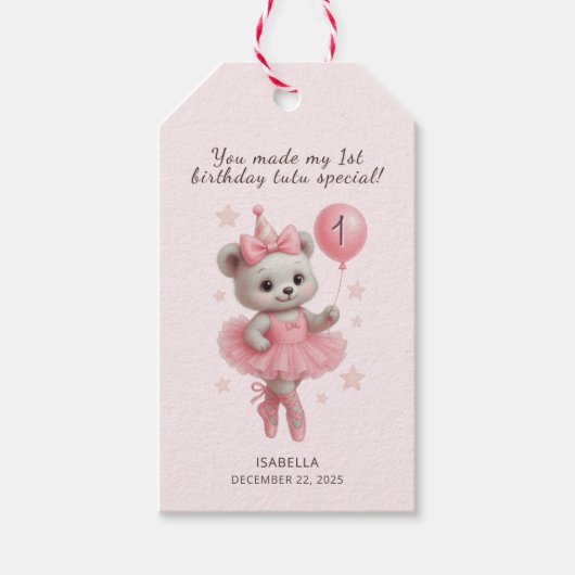 Schattigee Ballerina Beer 1e Verjaardag Dank U Lab Cadeaulabel (Voorkant)