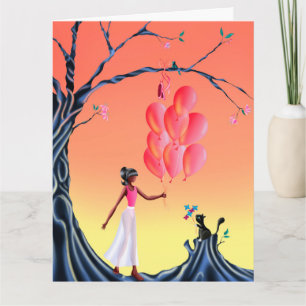 Schattigee Ballerina & Cat Sunset Tree Greetings k Kaart