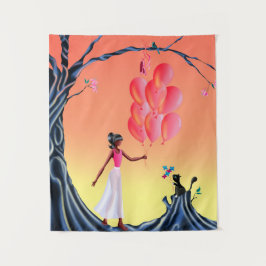 Schattigee ballerina en kat bij Sunset Tree Wandkleed