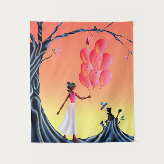 Schattigee ballerina en kat bij Sunset Tree Wandkleed (Voorkant)