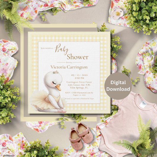 Schattigee Ballerina Geel Plaid Baby shower Uitnod
