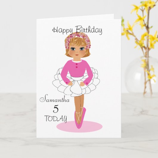 Schattigee ballerina gepersonaliseerde verjaardag  kaart (Gele Bloem)