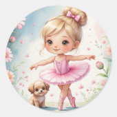 Schattigee Ballerina met Puppy Waterverf Ronde Sticker (Voorkant)