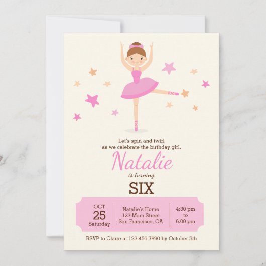 Schattigee Ballerina Verjaardagsfeest Uitnodiging (Voorkant)