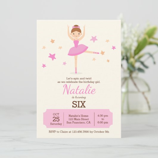 Schattigee Ballerina Verjaardagsfeest Uitnodiging (Staand voorkant)