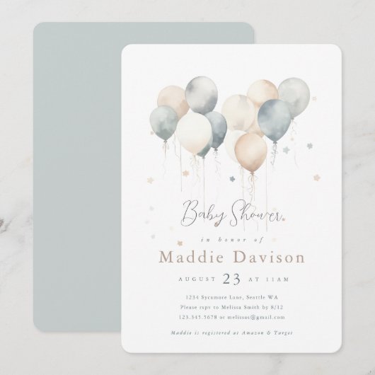 Schattigee ballonnen Baby shower uitnodiging (Voorkant / Achterkant)