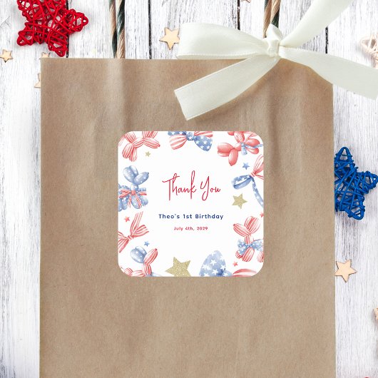 Schattigee Balloon Bow 4 juli 1 Verjaardagsfeest Vierkante Sticker