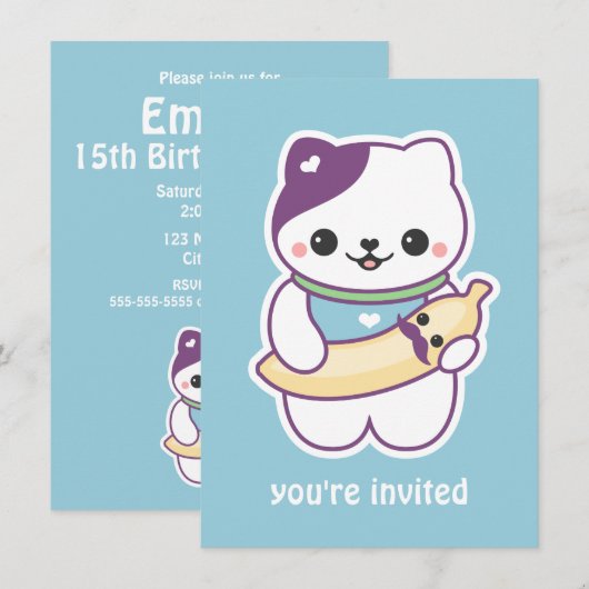 Schattigee Banana Cat verjaardagsfeestuitnodiginge Kaart (Voorkant / Achterkant)