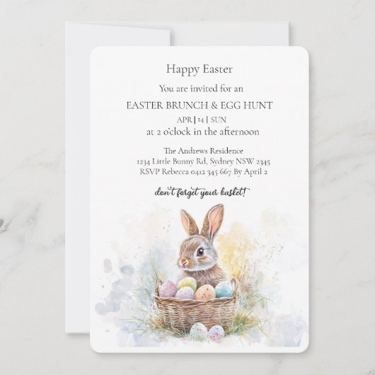 Schattigee banny met eieren in mand en eierenjacht kaart (Voorkant)