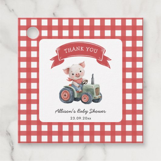 Schattigee Barnyard Pig Baby shower rode strepen Bedankjes Labels (Voorkant)