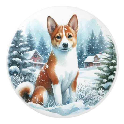 Schattigee Basenji Winter Waterverf Art Keramische Knop (Voorkant)