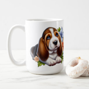 Schattigee Basset Hound Puppy Zittend Met Bloemen Koffiemok