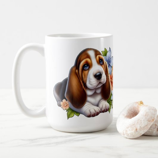 Schattigee Basset Hound Puppy Zittend Met Bloemen Koffiemok (Met donut)