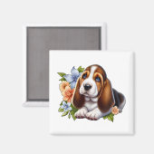 Schattigee Basset Hound Puppy Zittend Met Bloemen Magneet (Voorkant / Achterkant)