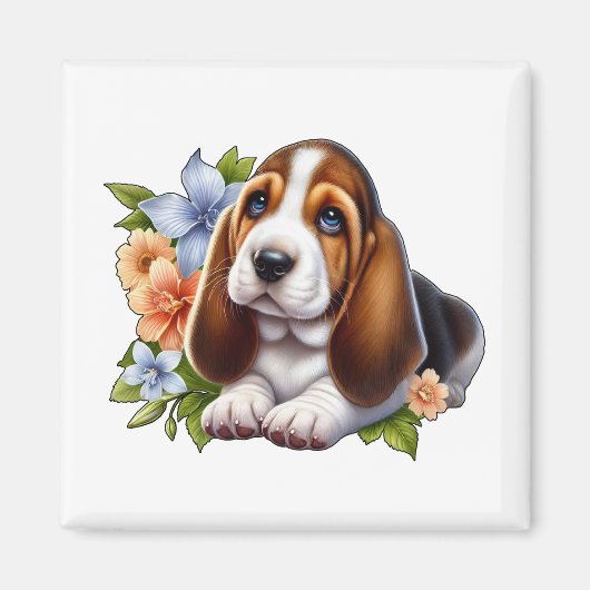 Schattigee Basset Hound Puppy Zittend Met Bloemen Magneet (Voorkant)
