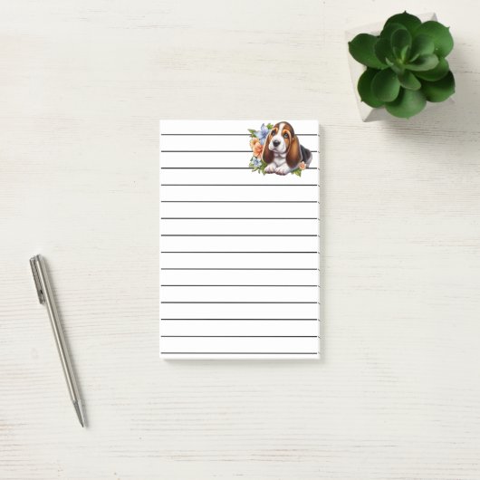 Schattigee Basset Hound Puppy Zittend Met Bloemen Post-it® Notes (Kantoor)