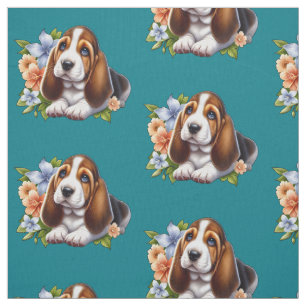 Schattigee Basset Hound Puppy Zittend Met Bloemen Stof