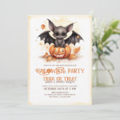 Schattigee Bat en Pompoen Halloween Party Kaart (Staand voorkant)