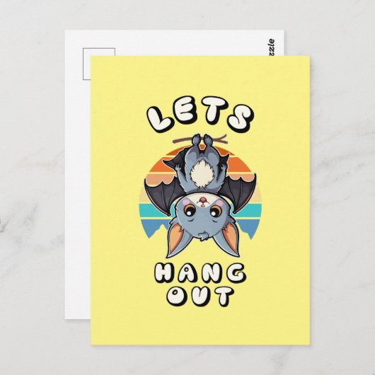 Schattigee Bat Hanging en Retro Sunset | Laten we Briefkaart (Voorkant / Achterkant)