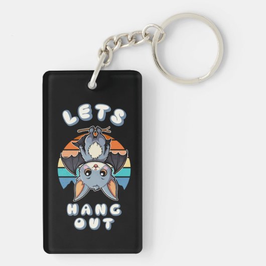 Schattigee Bat Hanging en Retro Sunset | Laten we  Sleutelhanger (achterkant)
