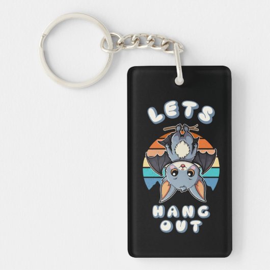 Schattigee Bat Hanging en Retro Sunset | Laten we  Sleutelhanger (Voorkant)