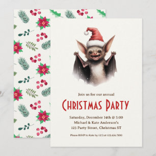Schattigee Bat Santa Hat Rode Poinsettias Kerstfee Kaart