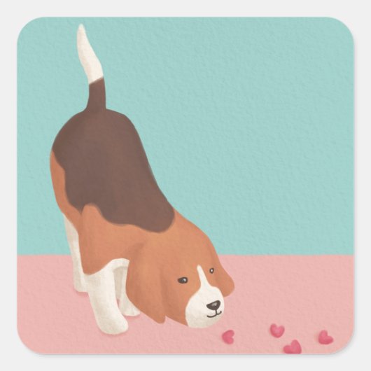 Schattigee Beagle & Harten Illustratie Vierkante Sticker (Voorkant)