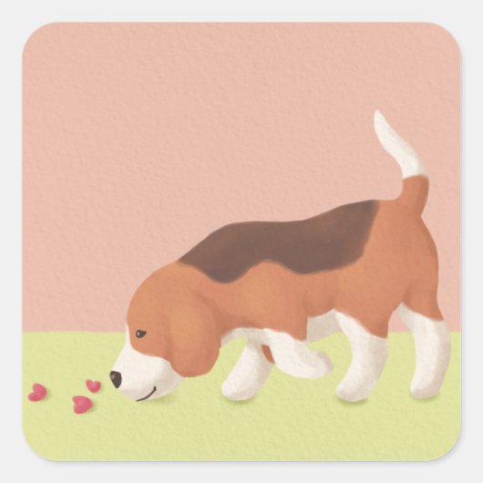 Schattigee Beagle & Harten Illustratie Vierkante Sticker (Voorkant)