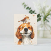 Schattigee beagle met een vogeltje op het hoofd ha briefkaart (Staand voorkant)