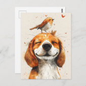 Schattigee beagle met een vogeltje op het hoofd ha briefkaart (Voorkant / Achterkant)