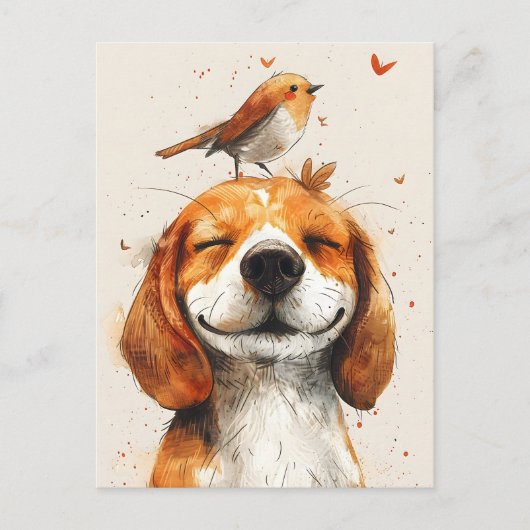 Schattigee beagle met een vogeltje op het hoofd ha briefkaart (Voorkant)