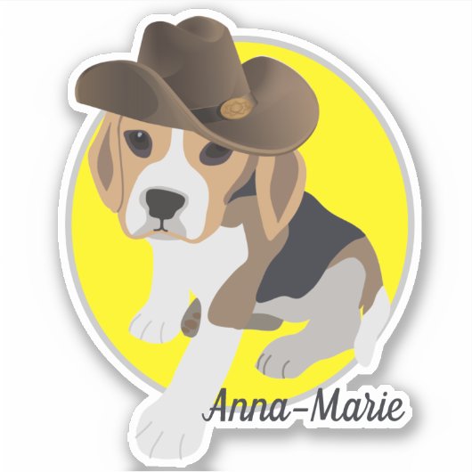 SCHATTIGEE BEAGLE PUPPY AFBEELDING COWBOY PET NAAM STICKER (Voorkant)