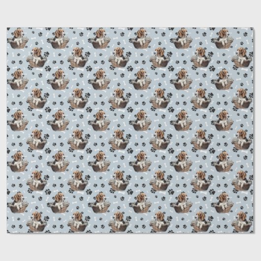Schattigee Beagle Puppy in Basket Paw Print Cadeaupapier (Vlak)