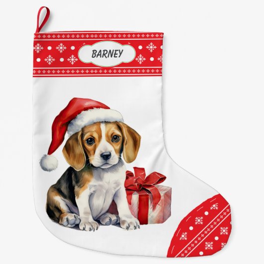 Schattigee Beagle Puppy Santa Hat Sneeuwvlok Borde Grote Kerstsok (Voorkant)