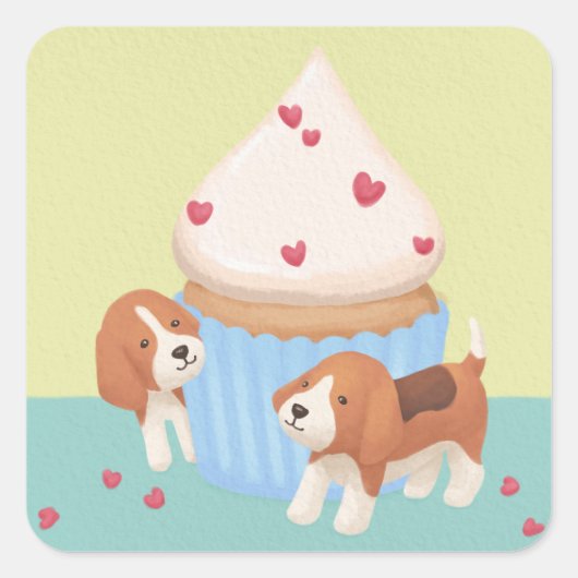 Schattigee Beagles & Cupcake Illustratie Vierkante Sticker (Voorkant)